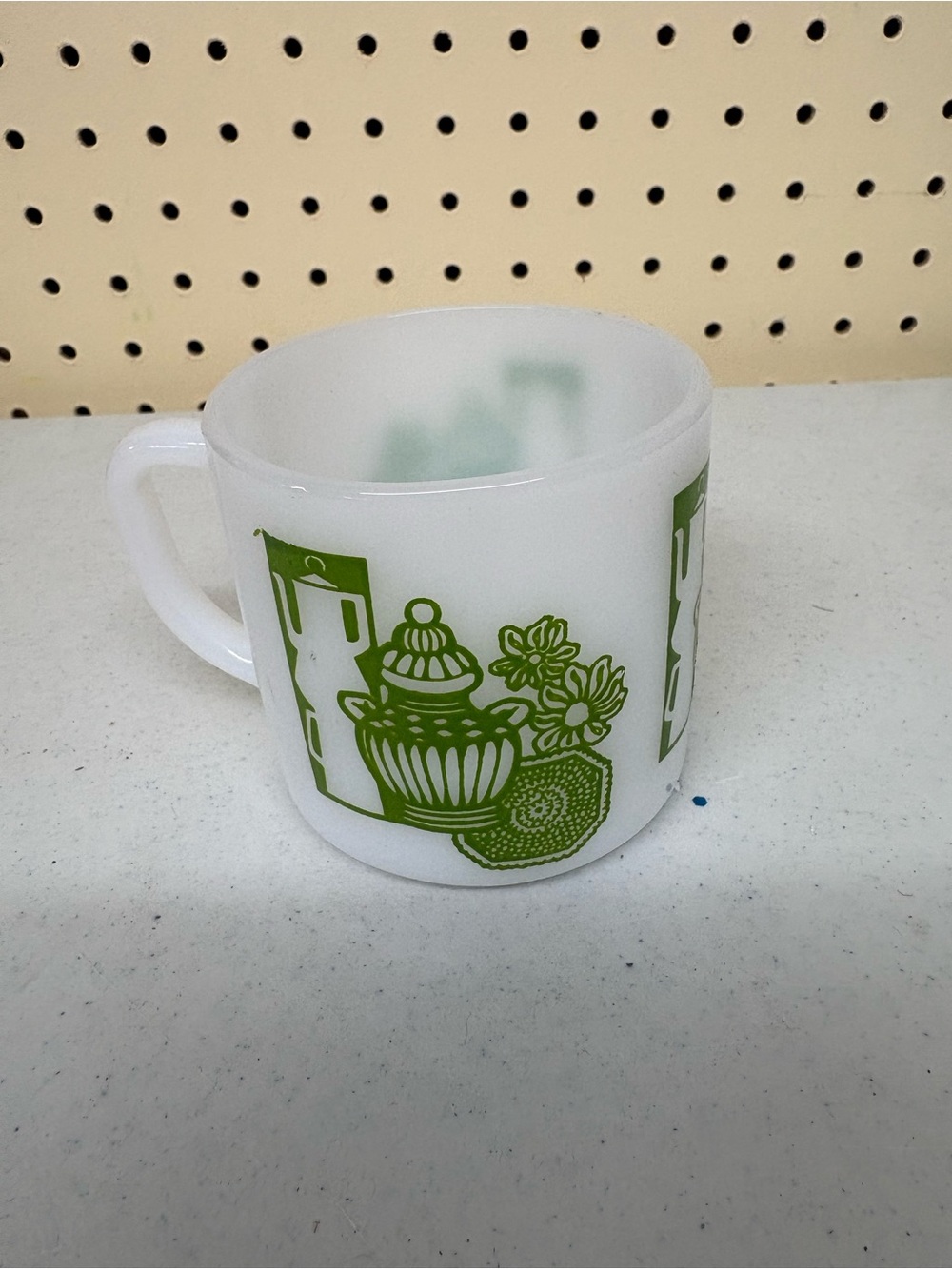 Anchor Hocking White Milk Glass Mug with Green Kitchen Motif